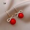 New Style Temperament Red Color Christmas Bow Stud Earrings for Women Rhinestone Bowknot Red Ball Earring Girls Party Jewelry